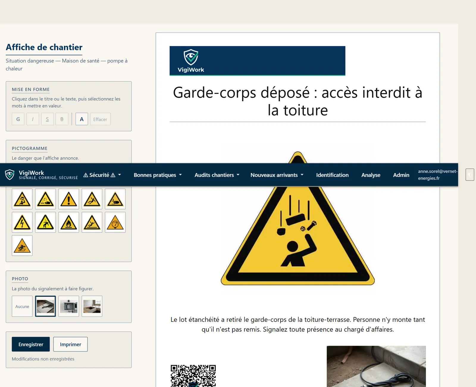 L'éditeur d'affiche : le pictogramme, le titre, le texte, le QR code