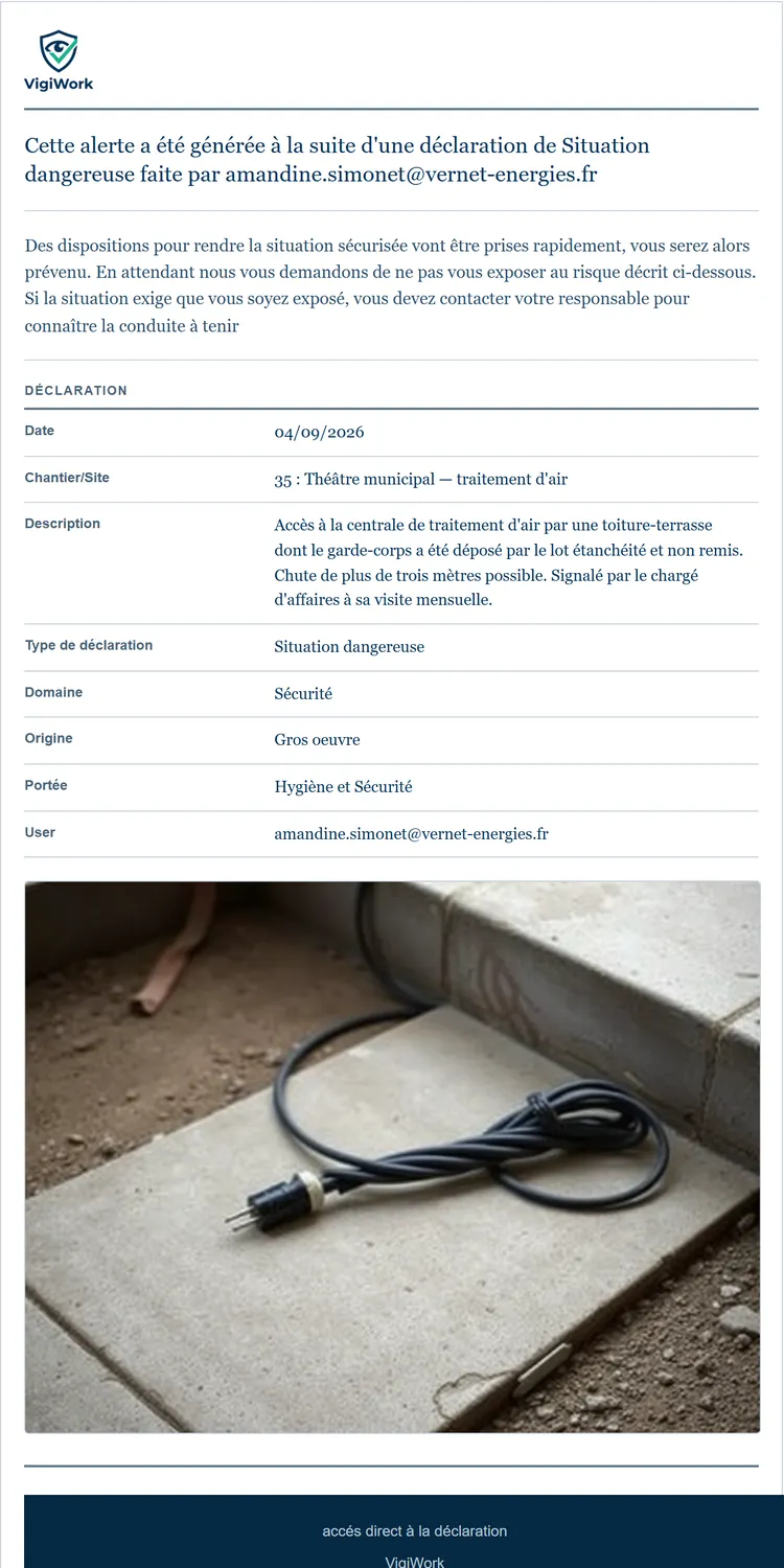 Le courriel reçu sur téléphone : le numéro de fiche, le chantier, la description, la photo, le lien vers le dossier