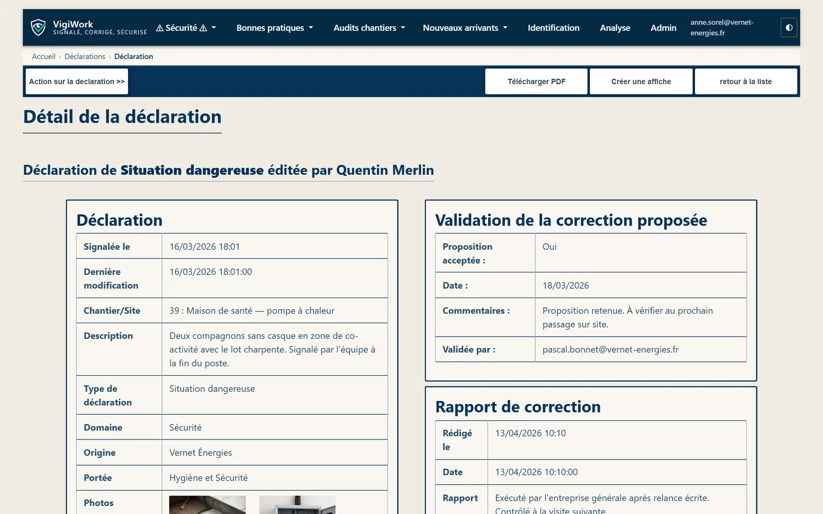 Le détail d'une déclaration : les photos, le numéro de fiche, le volet des actions