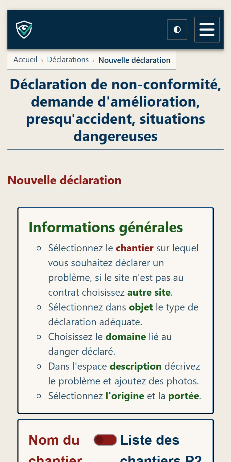 Le formulaire de déclaration sur téléphone : type, domaine, chantier, photos et les trois boutons