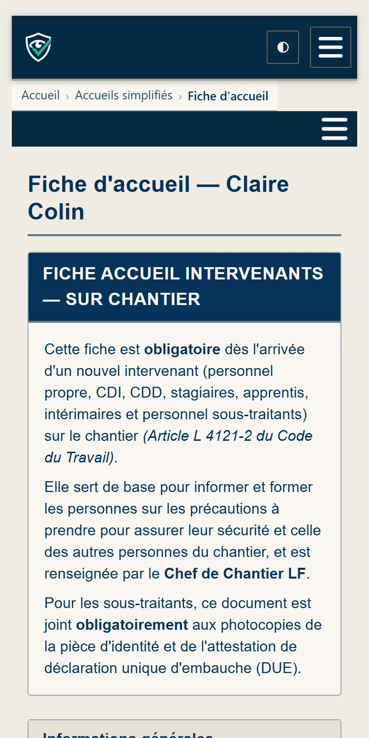 La fiche sur téléphone : habilitations, points d’accueil, équipements fournis, signatures
