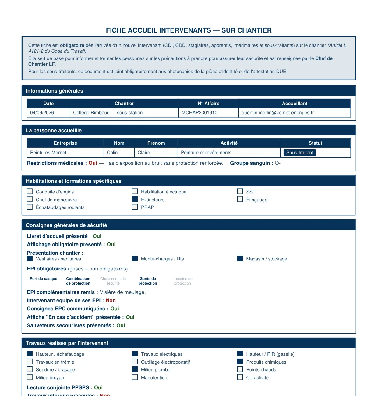 Le PDF « Fiche accueil intervenants — sur chantier »
